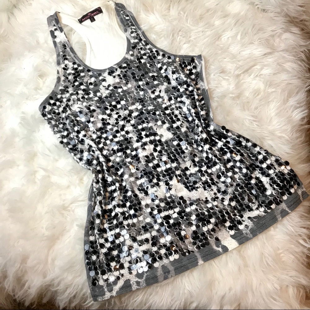 Black and white Sequin ALMOST FAMOUS tank top muscle tee sequin